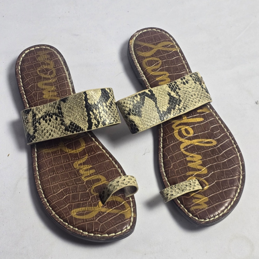 Sam Edelman Gala Snakeskin Toe Loop Slide Sandals Brown Cream Womens 9.5
